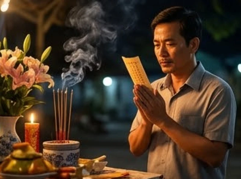 Tử vi tuổi Kỷ Sửu 2009 năm 2026: Cẩm nang thi cử và giải hạn 6 Người cha đứng trang nghiêm đọc văn khấn trước bàn hương án ngoài trời trong đêm cúng sao giải hạn