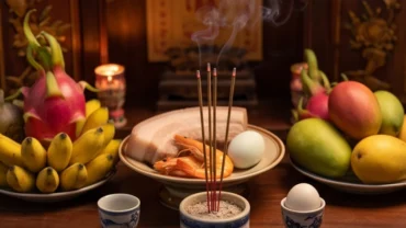 Mâm lễ vật trang nghiêm chuẩn bị đọc văn khấn giải hạn Tam Tai với bộ tam sên, ngũ quả và nhang đèn