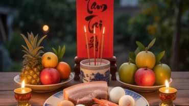 Mâm lễ cúng và bài văn khấn giải hạn Tam Tai đầu năm được bày trí trang nghiêm ngoài trời