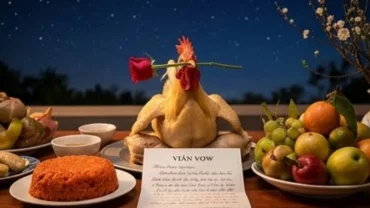 Mâm cúng cùng bài văn khấn giao thừa được bày trí trang nghiêm ngoài sân để nghênh đón quan Hành khiển