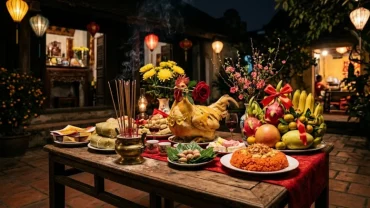 Mâm lễ cúng và bài văn khấn giao thừa ngoài trời chuẩn truyền thống với gà luộc ngậm hoa hồng