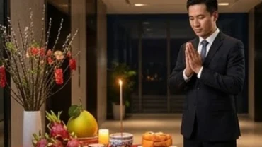 Đại diện doanh nghiệp đọc văn khấn giao thừa tại công ty trước mâm lễ trang trọng trong đêm 30 Tết
