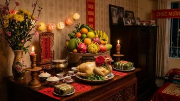 Mâm cỗ truyền thống và nghi thức đọc văn khấn giao thừa trong nhà đêm ba mươi Tết