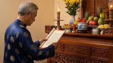 Người chủ lễ mặc áo dài đứng chắp tay thành kính đọc văn khấn giao thừa trong nhà trước ban thờ gia tiên
