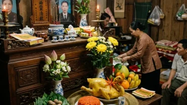 Mâm lễ mặn truyền thống tươm tất chuẩn bị cho nghi thức đọc văn khấn giỗ cụ tại gia đình Việt Nam