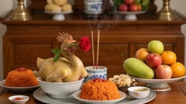 Mâm cúng giỗ cụ tươm tất với xôi gấc gà luộc trên ban thờ gia tiên truyền thống