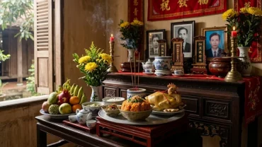 Mâm cúng tươm tất dâng lên bàn thờ gia tiên trong nghi thức đọc văn khấn giỗ đầu truyền thống của người Việt