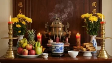 Bàn thờ gia tiên trang nghiêm chuẩn bị cho nghi thức đọc văn khấn giỗ đầu