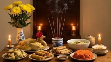 Mâm cúng cỗ mặn truyền thống cùng nén hương trầm được chuẩn bị tươm tất khi đọc văn khấn giỗ đầu cha tại gia đình