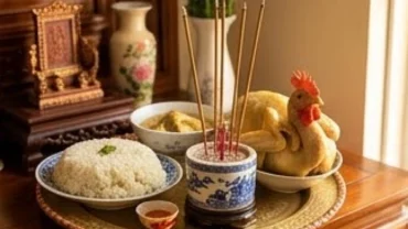 Mâm cúng tiểu tường và bài văn khấn giỗ đầu chồng được chuẩn bị trang nghiêm trên ban thờ gia tiên