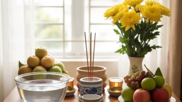 Mâm lễ cúng giỗ đầu cho con được bày biện trang nghiêm với hương hoa và di ảnh trên bàn thờ gia tiên