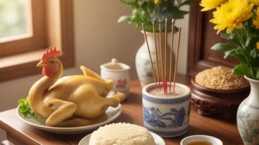 Mâm cỗ mặn dâng cúng tổ tiên và gia chủ đang đọc văn khấn giỗ hết trang nghiêm