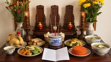 Mâm lễ mặn và bản văn khấn giỗ hết cha được bày biện trang nghiêm trên bàn thờ gia tiên.