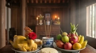 Mâm cúng và bài văn khấn giỗ hết chồng (Đại Tường) bày biện trang nghiêm trên bàn thờ gia tiên