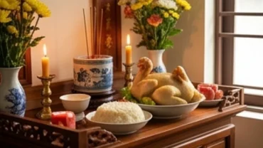 Mâm cúng tươm tất dâng lên ban thờ trong ngày lễ đại tường cùng bài văn khấn giỗ hết mẹ.
