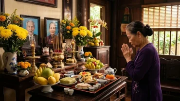 Mâm cúng trang nghiêm và chuẩn bị đọc văn khấn giỗ mẹ theo đúng nghi lễ truyền thống Việt Nam