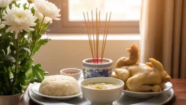 Mâm cúng giỗ người mất trẻ tươm tất với xôi gà, hoa cúc và hương trầm trên bàn thờ gia đình