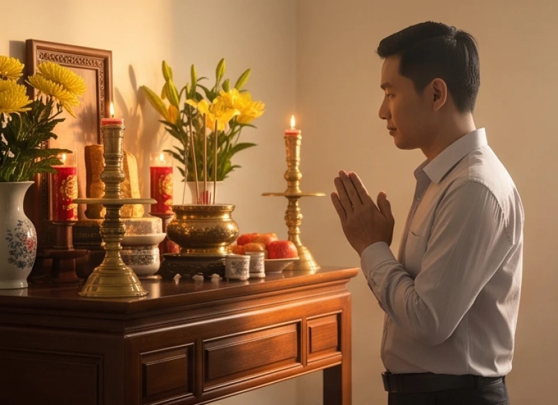 Người đàn ông mặc trang phục lịch sự chắp tay thành kính trước bàn thờ trong ngày giỗ thường Cát Kỵ