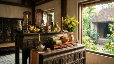 Mâm lễ vật truyền thống gồm bánh chưng và xôi gấc được bày biện trang trọng khi đọc văn khấn Giỗ Tổ Hùng Vương tại nhà
