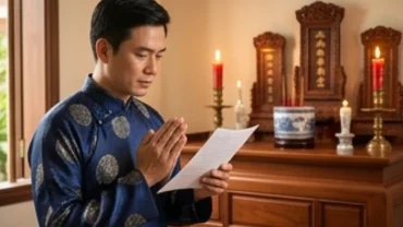 Gia chủ mặc áo dài truyền thống thành tâm đọc văn khấn Giỗ Tổ Hùng Vương trước ban thờ trang nghiêm