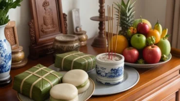 Mâm lễ chuẩn bị cho bài văn khấn Giỗ Tổ Hùng Vương tại nhà trang nghiêm trước bàn thờ gia tiên
