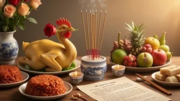 Mâm lễ vật tươm tất cùng bài văn khấn giỗ tổ nghề được đặt trang trọng trên bàn thờ truyền thống