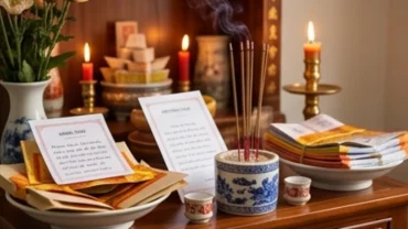 Mâm cúng và các vật phẩm vàng mã được chuẩn bị trang nghiêm trong nghi thức văn khấn gửi đồ cho người âm