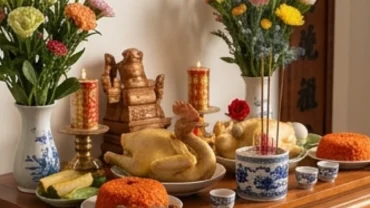 Mâm lễ vật tươm tất và bài văn khấn hạ bàn thờ để chuyển nhà được chuẩn bị trang nghiêm trước án