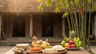 Mâm lễ cúng và văn khấn hạ cây nêu truyền thống được bày biện trang nghiêm trước hiên nhà