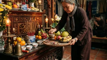 Mâm cúng tổ tiên sau khi đọc văn khấn hạ lễ với hoa quả tươi và đồ mã