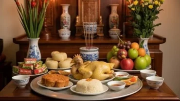 Mâm cúng gia tiên tươm tất với nhang đèn đang cháy chờ đọc văn khấn hạ lễ để thụ lộc