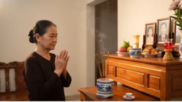 Gia chủ thành tâm chắp tay đọc văn khấn hàng ngày trước ban thờ gia tiên với sự trang nghiêm tuyệt đối