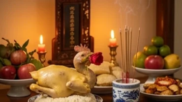 Mâm cúng và bài văn khấn hết tang cha được sắp xếp trang nghiêm trên bàn thờ gia tiên