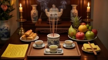 Mâm lễ tươm tất và bài văn khấn hết tang chồng được chuẩn bị trang nghiêm trên bàn thờ gia tiên