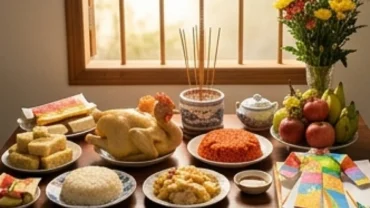 Mâm cúng lễ xả tang vợ được chuẩn bị trang nghiêm với đầy đủ hương hoa và vật phẩm truyền thống