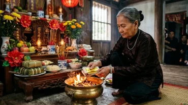 Mâm cúng trang trọng và bài văn khấn hóa vàng tiễn ông bà tổ tiên sau dịp Tết Nguyên Đán