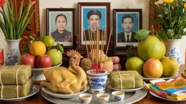 Mâm cúng tươm tất với ngũ quả và tiền vàng để đọc văn khấn hóa vàng gia tiên dịp Tết