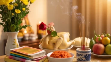 Mâm cỗ truyền thống và không gian trang nghiêm khi đọc văn khấn hóa vàng mùng 3 Tết để tạ ơn thần linh