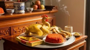 Mâm cúng tạ lễ và văn khấn hóa vàng mùng 4 Tết đầy đủ gà luộc xôi gấc và hương hoa