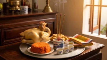 Mâm cúng tạ lễ tươm tất dâng lên ban thờ tổ tiên cùng văn khấn hóa vàng mùng 5 Tết