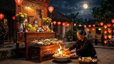 Mâm lễ cúng tươm tất và gia chủ đang đọc văn khấn hóa vàng ngày rằm trước khi châm lửa đốt sớ mã