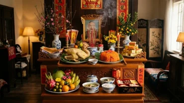 Mâm cỗ truyền thống và tờ văn khấn hóa vàng tết được chuẩn bị trang nghiêm để tiễn đưa gia tiên