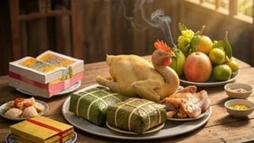 Mâm cỗ mặn truyền thống tươm tất chuẩn bị cho nghi thức đọc văn khấn hóa vàng Tết