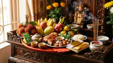 Mâm lễ vật trang nghiêm và sớ tấu dùng để đọc văn khấn hóa vàng thần tài vào dịp đầu năm mới