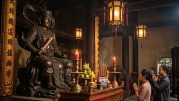 Người dân dâng hương và đọc bài văn khấn Huyền Thiên Trấn Vũ trước không gian linh thiêng tại đền Quán Thánh.