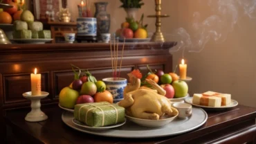 Mâm cúng trang nghiêm cùng bài văn khấn kết thúc Tết để tạ ơn gia tiên trong ngày khai hạ đầu năm.