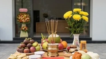 Mâm cúng và văn khấn khai trương chuẩn phong thủy với đầy đủ lễ vật trên bàn thờ trước cửa hàng