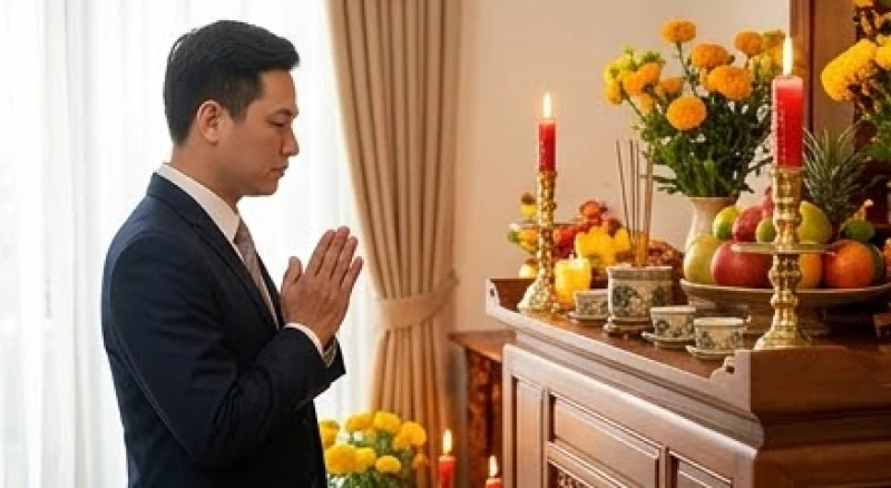 Văn khấn cầu tài lộc đầu năm: Bài cúng chuẩn tại gia và cửa hàng 6 Chủ doanh nghiệp mặc trang phục lịch sự, chắp tay thành kính đọc bài khấn xin lộc kinh doanh