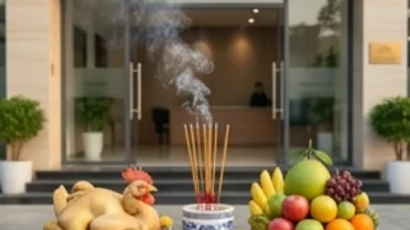 Mâm cúng và bài văn khấn khai trương công ty được chuẩn bị đầy đủ lễ vật trang trọng trước cửa văn phòng