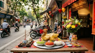 Mâm lễ cúng trang nghiêm chuẩn bị cho nghi thức đọc văn khấn khai trương cửa hàng kinh doanh